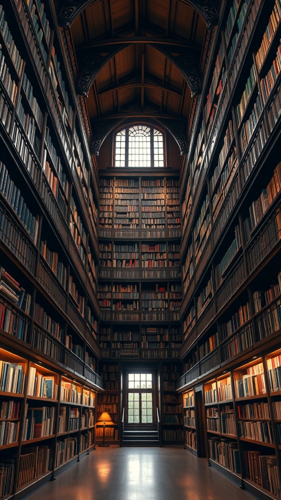 A tall room filled with multi-level bookshelves lined with books, featuring warm lighting and a cozy lamp.