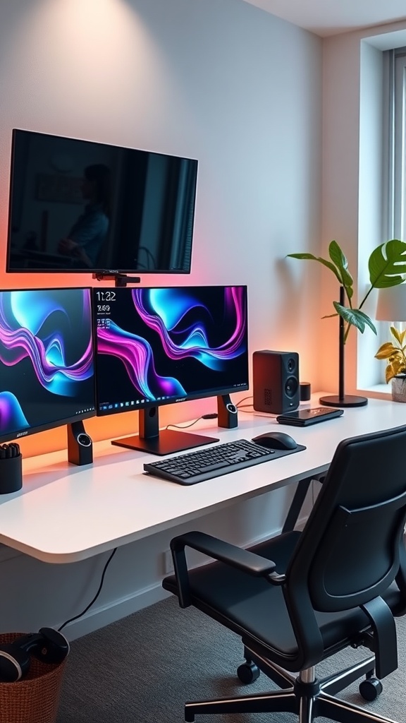A modern multi-monitor tech station with three screens, a stylish desk, ergonomic chair, and a desk lamp.
