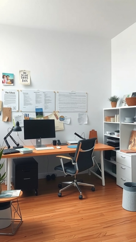 A neat multi-purpose studio space featuring a wooden desk, computer, organized notes on the wall, and a shelving unit.
