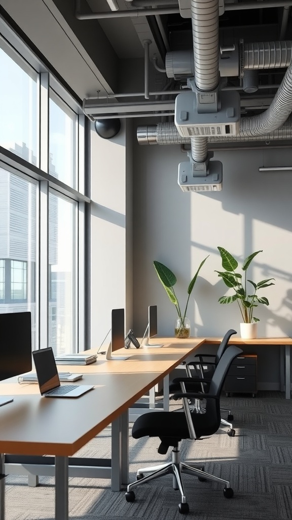 An office interior with a multi-zone climate control system, featuring large windows and modern furniture.