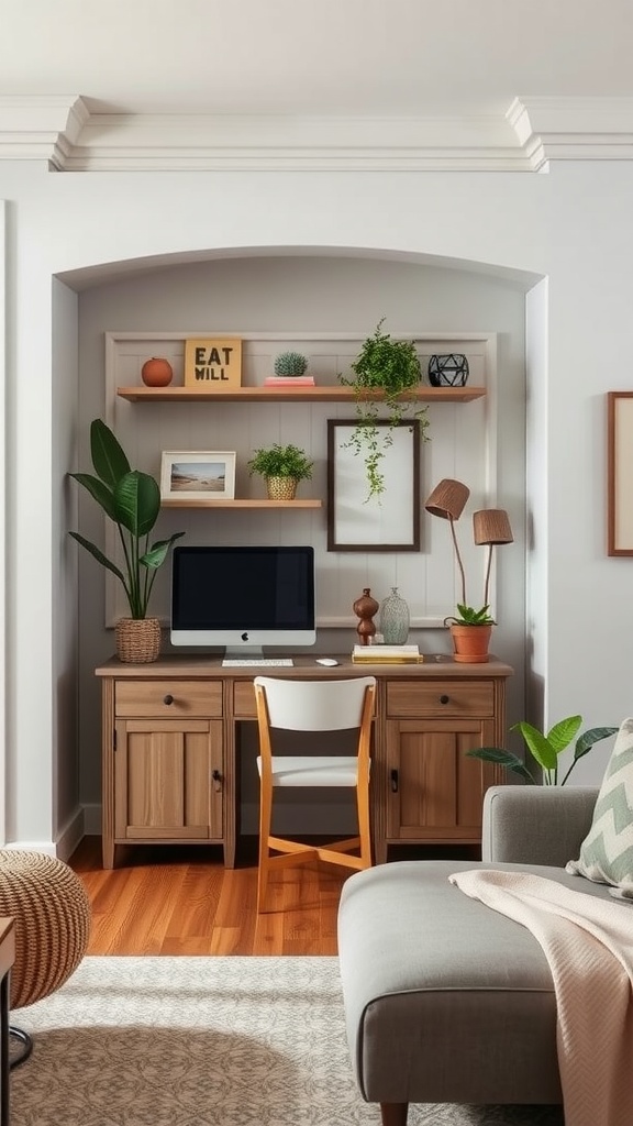 A cozy home office nook featuring a wooden credenza with an open shelf above, a computer, and decorative plants.