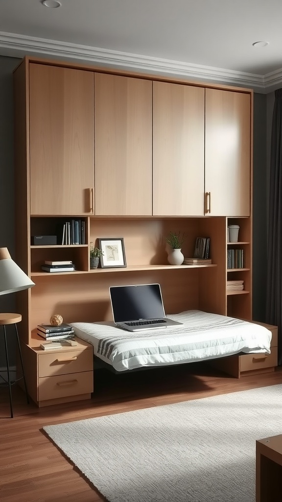 A stylish home office featuring a Murphy bed, storage shelves, and a workspace.
