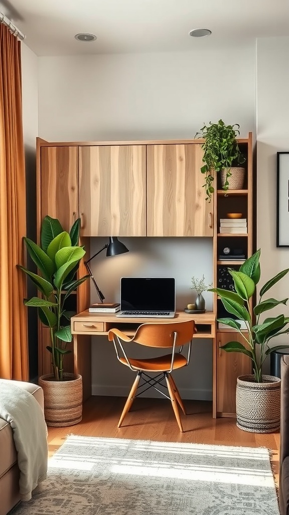 A cozy home office nook featuring a Murphy desk with plants and warm wooden tones.