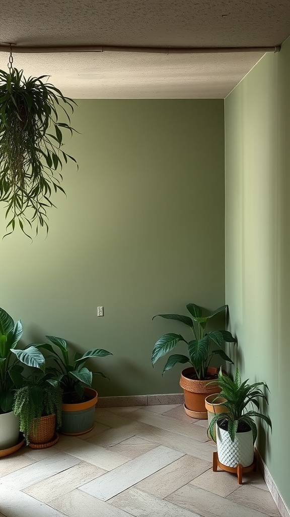 A corner of a basement with muted sage green walls and various potted plants.
