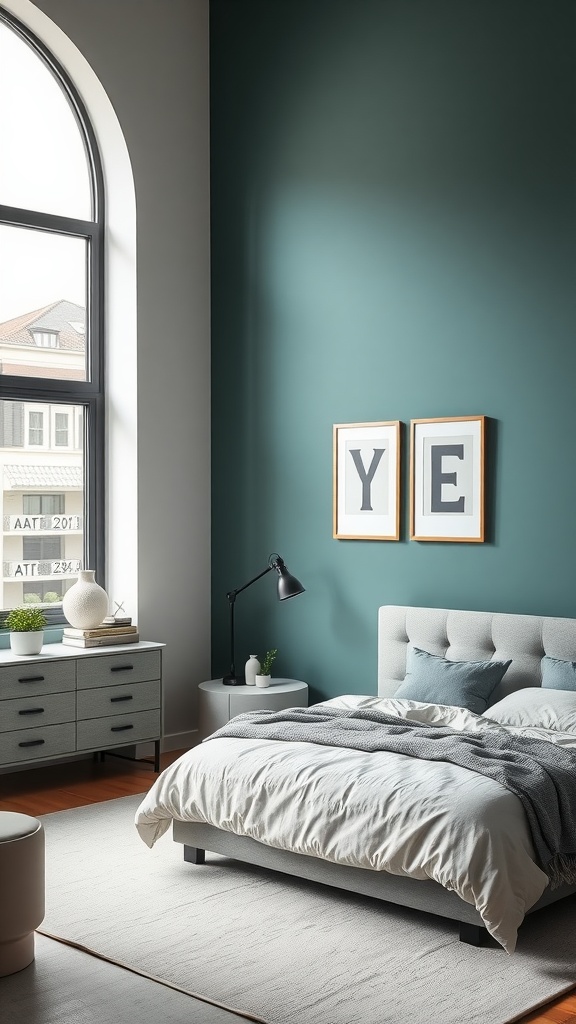 A bedroom featuring a muted teal accent wall with grey furniture and decor.