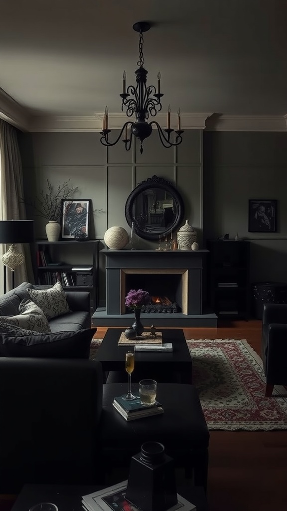 A stylish living room showcasing muted tones with Gothic accents, featuring a chandelier, dark walls, and modern furniture.