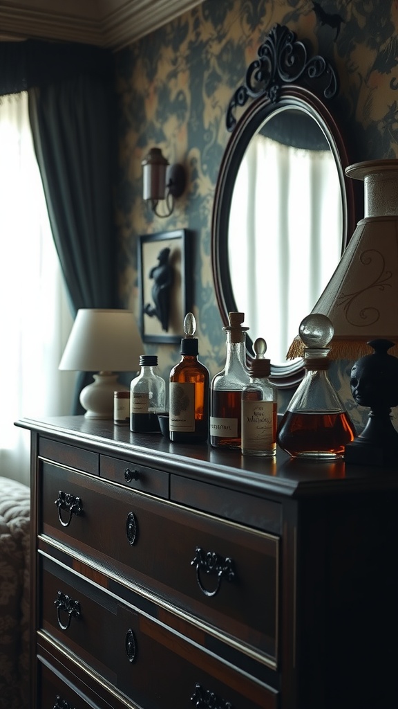 A vintage dresser with potion bottles in a Whimsy Goth setting.