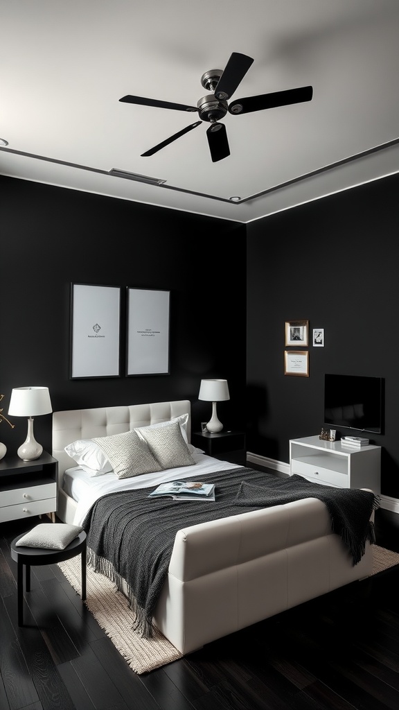 A modern dark bedroom with black walls, white furniture, and contrasting textures.