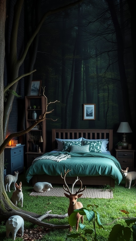 A dark woodland themed bedroom with a forest mural, cozy turquoise bedding, and decorative woodland animals.