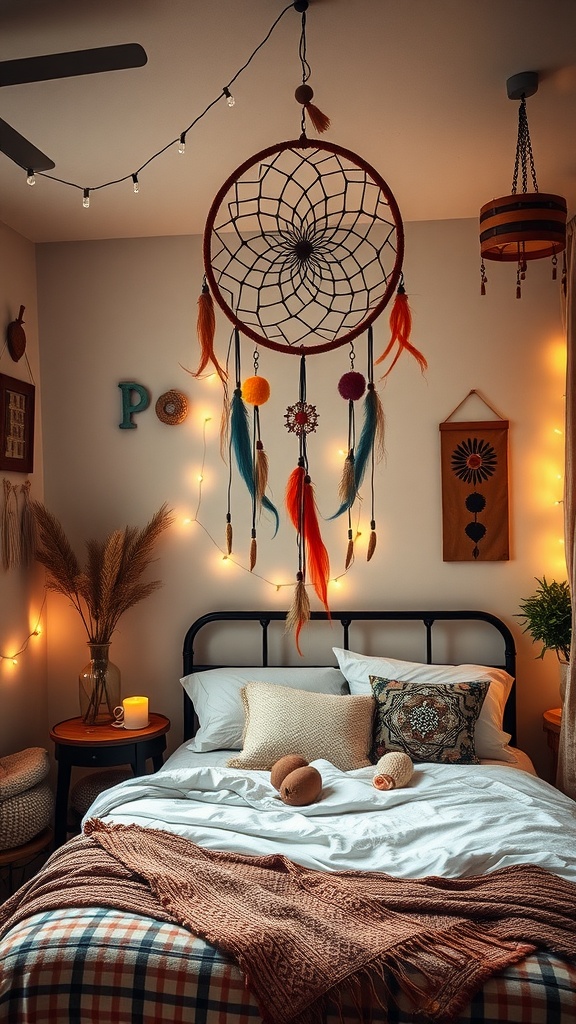 A cozy bedroom featuring a dream catcher, fairy lights, and warm decor elements.