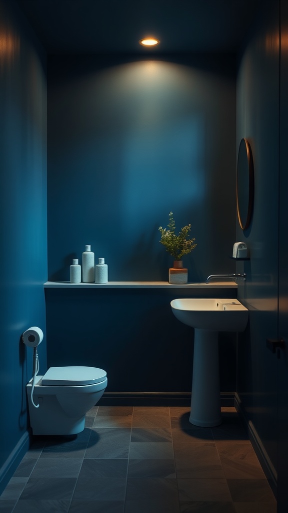 A bathroom with indigo walls, soft lighting, white fixtures, and a potted plant creating a cozy atmosphere.