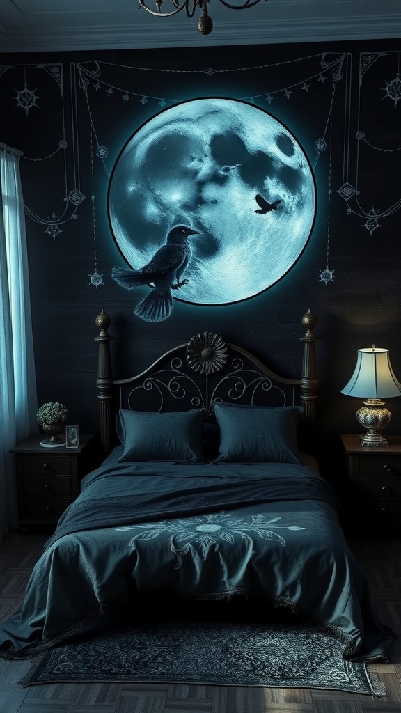 A bedroom featuring a large, glowing moon mural with silhouettes of birds, dark bedding, and soft lighting.