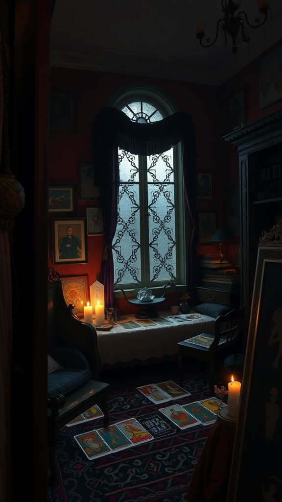 A cozy tarot corner in a Whimsy Goth bedroom with candles, tarot cards spread on the floor, and vintage decor.