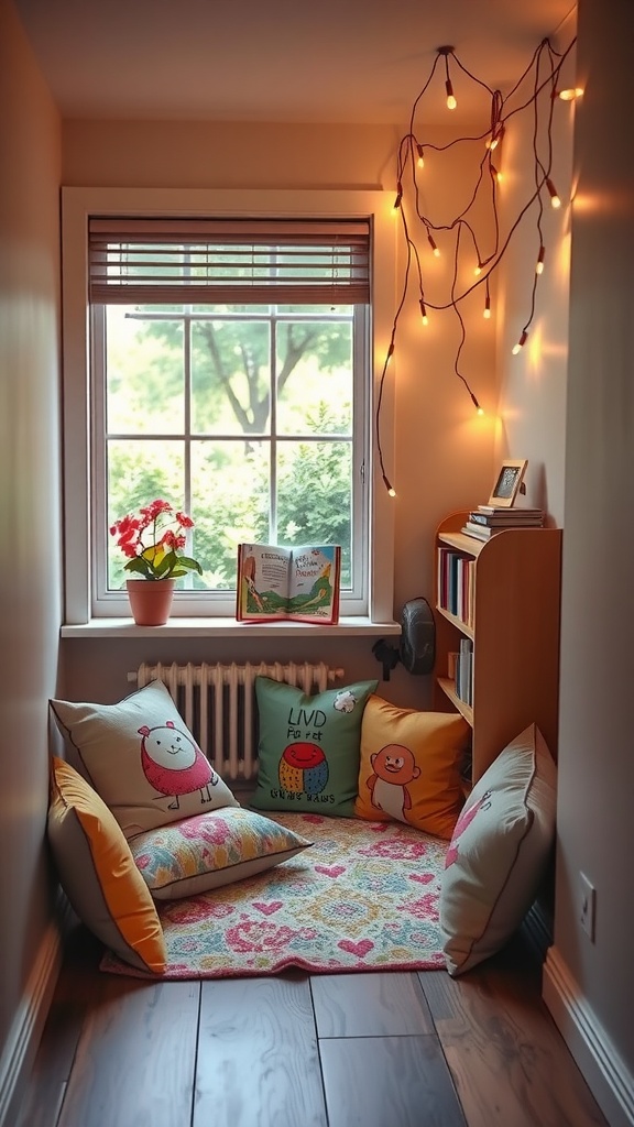 A cozy narrow space reading nook with colorful cushions, a plant, and string lights.