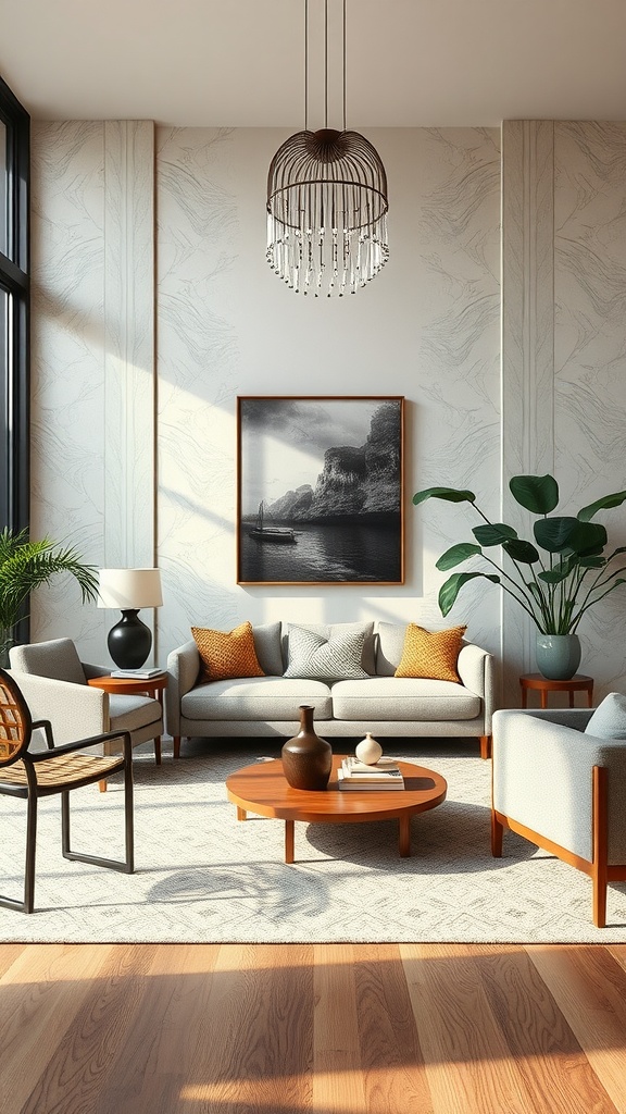 A modern living room with Art Deco elements, featuring cozy sofas, a wooden coffee table, and plants.