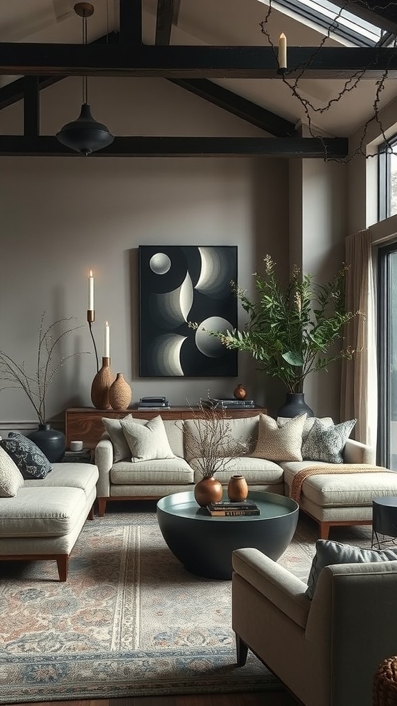 A living room featuring Gothic architecture with natural elements, minimalist furnishings, and a dark fireplace.