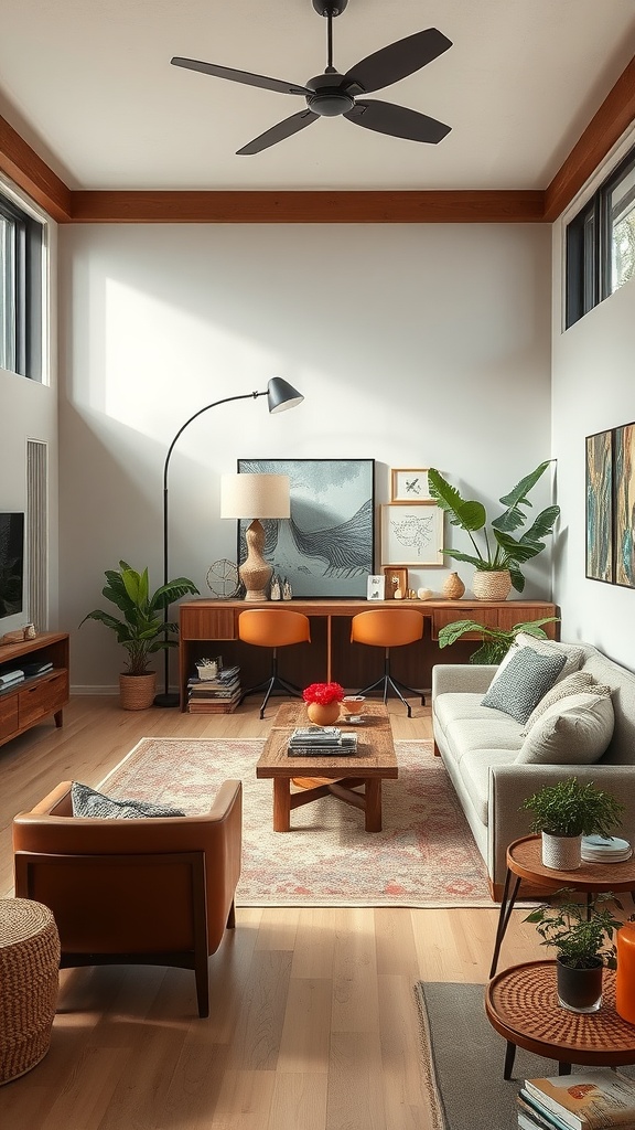 A stylish living room featuring natural elements like plants, a sleek sofa, and eclectic decor.