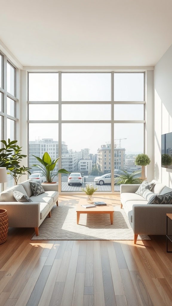 Spacious living room with large windows allowing natural light, featuring comfortable seating and plants.