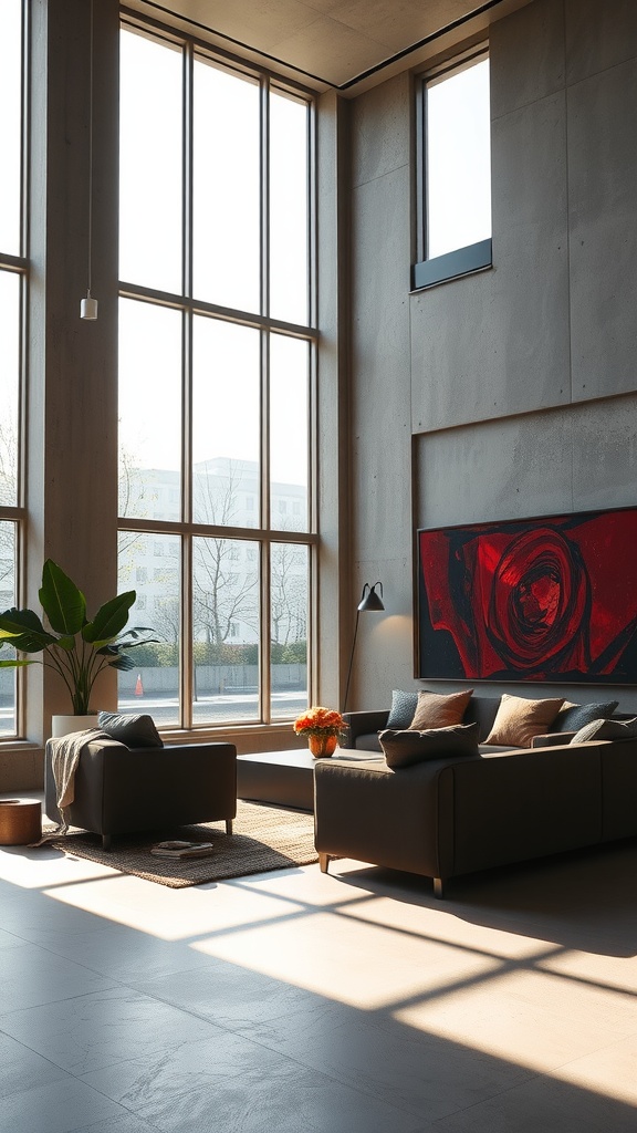 A stylish living room featuring large windows, concrete walls, and velvet furniture.