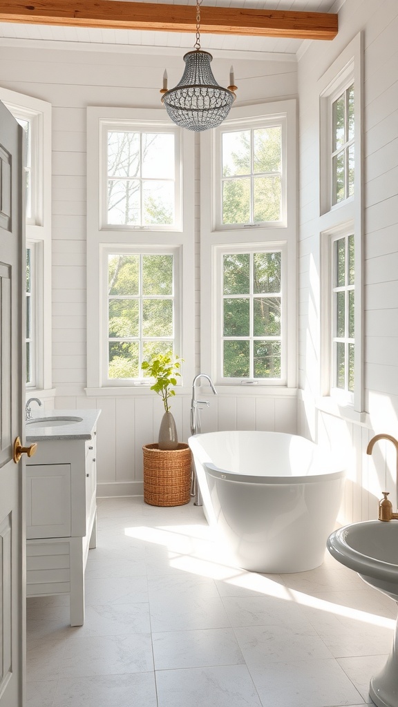 A bright and airy farmhouse bathroom with large windows, a freestanding bathtub, and a stylish chandelier.