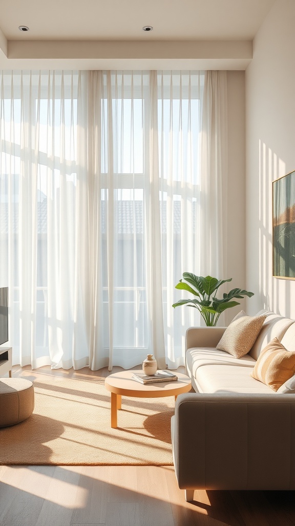 A bright living room with soft, sheer curtains, natural light streaming in, and a cozy seating area.