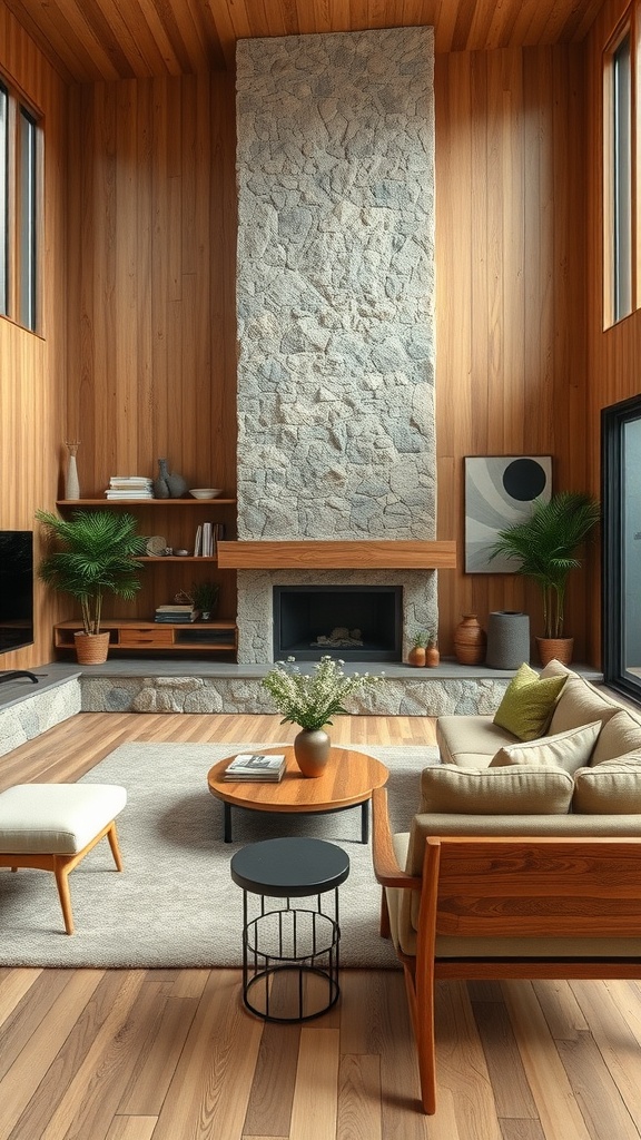 Cozy mid-century modern living room with wooden walls, stone fireplace, and natural finishes