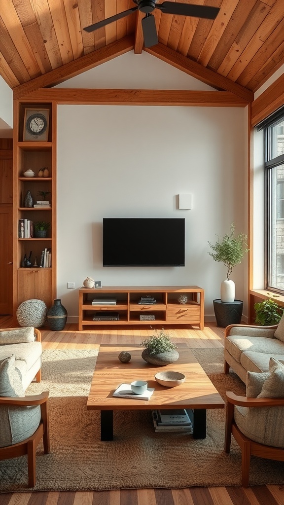 Cozy living room with wooden beams, natural materials, and soft textiles.