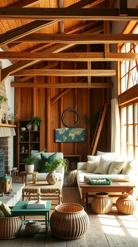 Cozy rustic farmhouse living room with wooden beams, light-filled space, and comfortable seating.