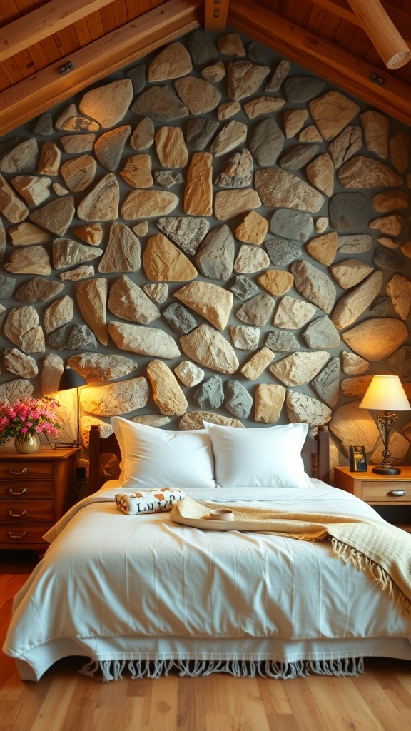 Cozy bedroom with a natural stone accent wall and soft bedding, creating a warm atmosphere.