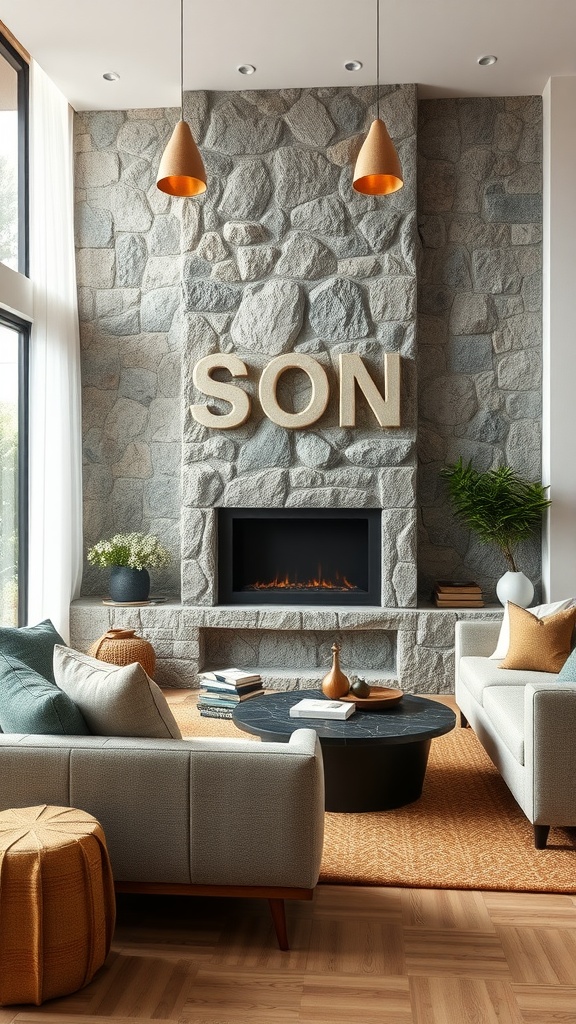 A modern living room featuring a natural stone wall, contemporary furniture, and warm decor elements.