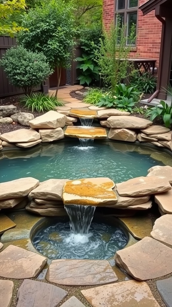 Natural stone pool with waterfall feature surrounded by plants.