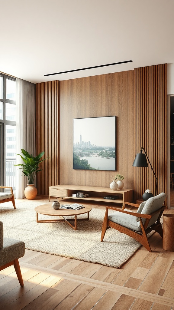 A modern living room featuring a natural wood accent wall, stylish furniture, and plants.