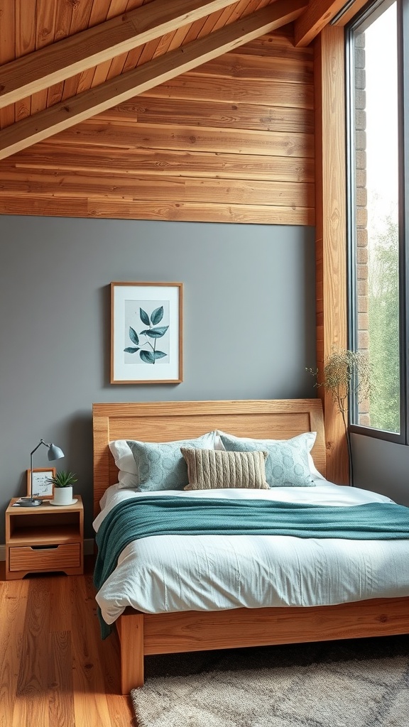 A cozy bedroom featuring natural wood accents, grey walls, and teal decor.