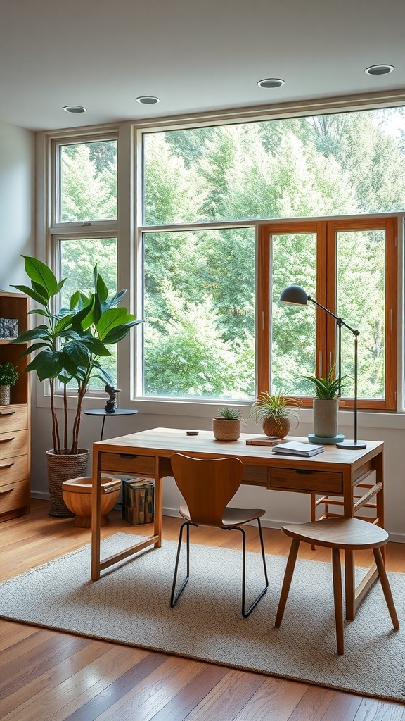 A bright and airy home office featuring large windows, a wooden desk, and indoor plants.