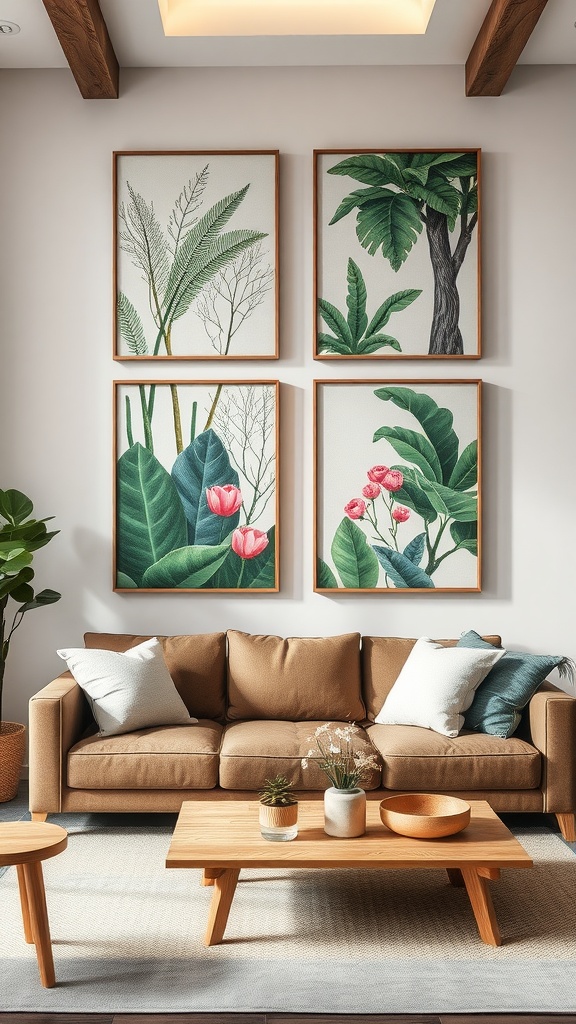 Living room with nature-inspired art featuring botanical prints in wooden frames above a brown couch