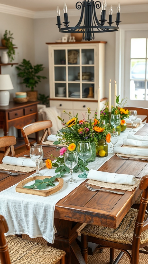A cozy dining room with a wooden table set for a meal, featuring a nature-inspired centerpiece of flowers, greenery, and glassware.