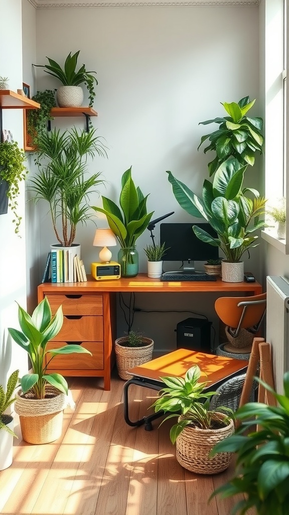 A nature-inspired home office setup with various plants, a wooden desk, and cozy lighting.