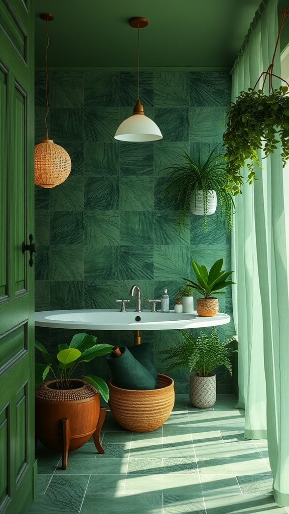 A bathroom with nature-inspired greens, featuring textured green walls, plants, and a minimalist sink in a serene setting.