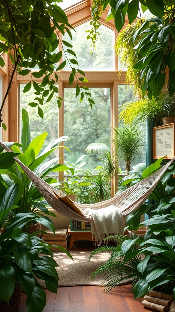 A cozy reading nook featuring a hammock surrounded by lush green plants and natural light.