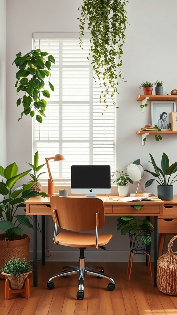 A bright home office filled with plants, featuring a wooden desk and a computer, creating a nature-inspired retreat.