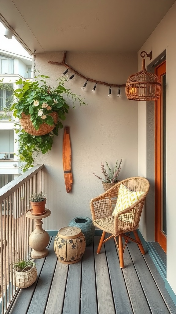 A cozy balcony featuring a wicker chair, hanging plants, decorative pots, and string lights.