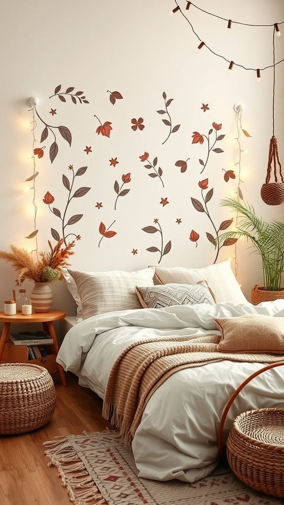 A cozy bedroom featuring nature-inspired wall decals with flowers and leaves, complemented by soft bedding and pillows.