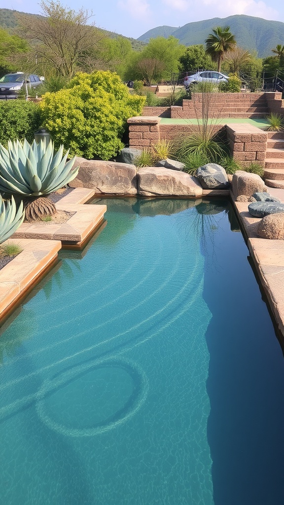 A serene small pool surrounded by lush greenery and natural rocks, set against a mountainous backdrop.