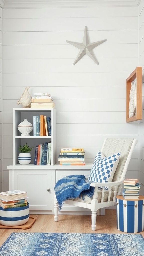 A cozy nautical-themed reading nook with a white chair, blue accents, and bookshelves.