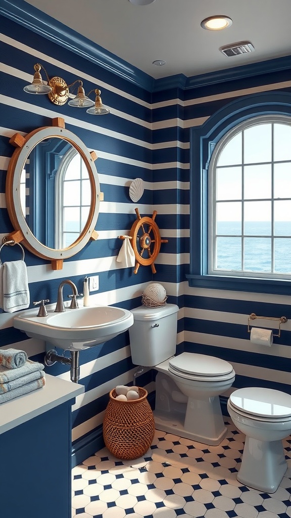 A nautical-themed bathroom featuring blue and white striped walls, a ship's wheel mirror, and ocean views.