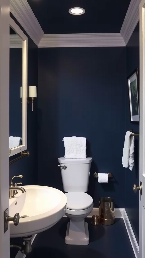 A small bathroom painted in deep navy with white fixtures and accents.