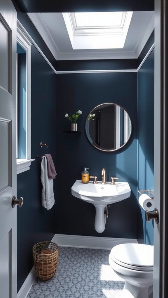 A small bathroom with navy blue walls, a round mirror, and gold fixtures.