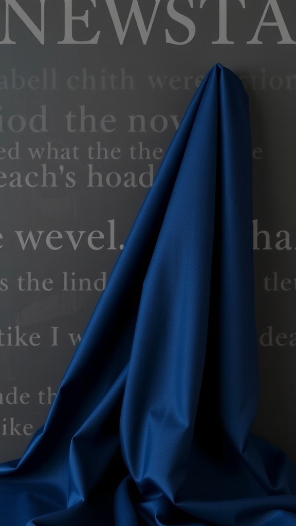 A rich navy blue fabric draped against a charcoal gray background with text.