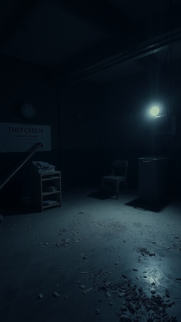 A dimly lit room with a single light source illuminating a chair and table, highlighting the importance of functional lighting.
