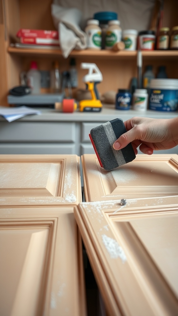 A person sanding cabinet doors to prepare for painting.